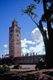 Image du Maroc Professionnelle de  L'ancien minaret de la Koutoubia, érigé en pierre de taille, son édification fut décidée en 1158 par le sultan Almohade Abdel Moumen aussitôt après sa conquête de Marrakech. Devenu l'emblème de la ville touristique du Maroc, ce vieux minaret nécessite une restauration car il est incliné de quelques degré et risque de s'écrouler si rien n'est fait, photographié le Vendredi 19 Décembre 1986. (Photo / Abdeljalil Bounhar)